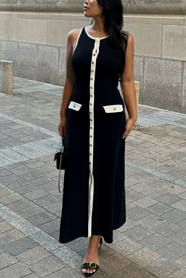 Slim Fit Crew Neck Buttoned Sleeveless Knit Midi Dress