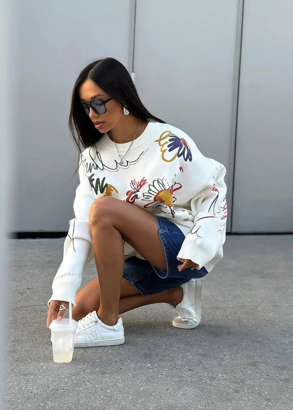 Colorful Abstract Print Crew Neck Oversized Sweater