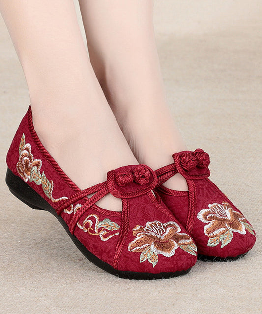 Red Flat Shoes Cotton Fabric Embroidery Splicing