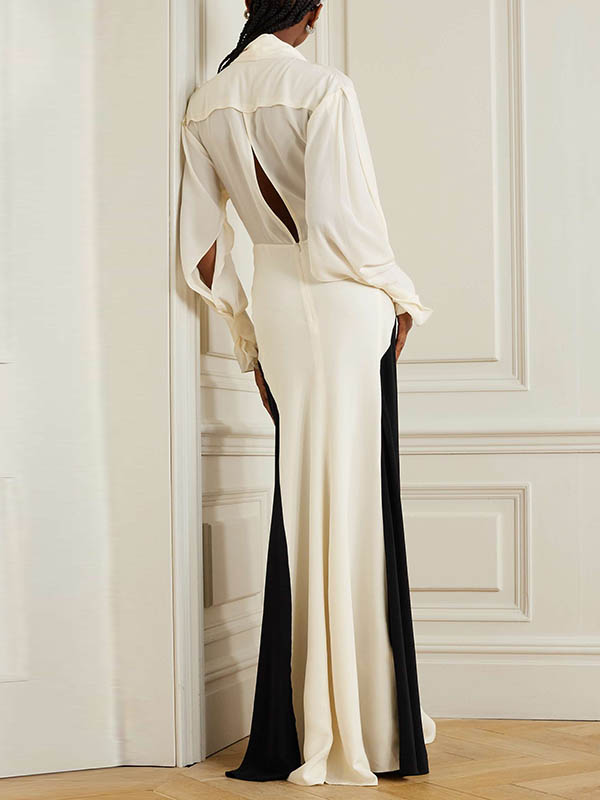 Long Sleeves Loose Contrast Color V-neck Evening Dresses Maxi Dresses