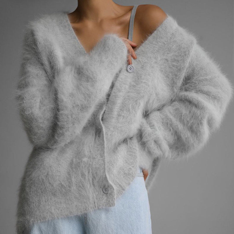 V-neck Mink Wool Knit Cardigan