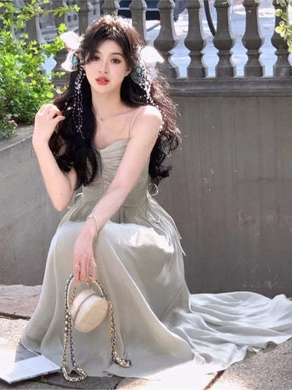 Shiny Midi Dresses for Evening Party Dress Prom Robe Summer New A-line Spaghetti Strap Vestido Mujer