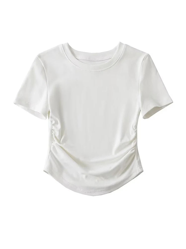 Harajuku Crew Neck Short Sleeve Cotton Tee With Ruched Sides Detail T-shirts