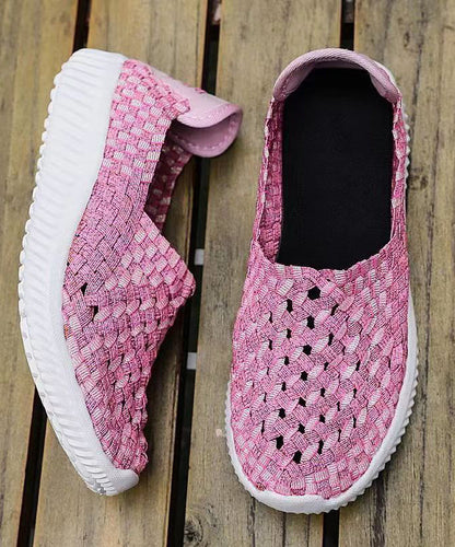 Pink Flat Shoes Knit Fabric Handmade Splicing