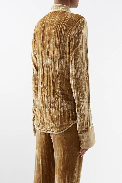 Textured Turndown Collar Long Sleeve Blouse