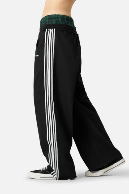 Stripe Embroidery Relaxed Double Waist Pants