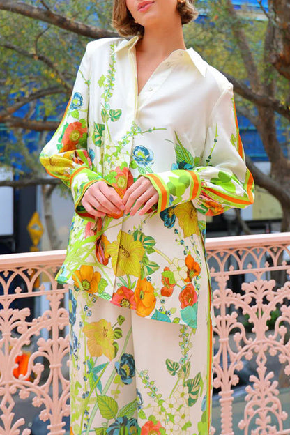 Antibes Satin Print Back Tie-up Button Down Oversized Blouse