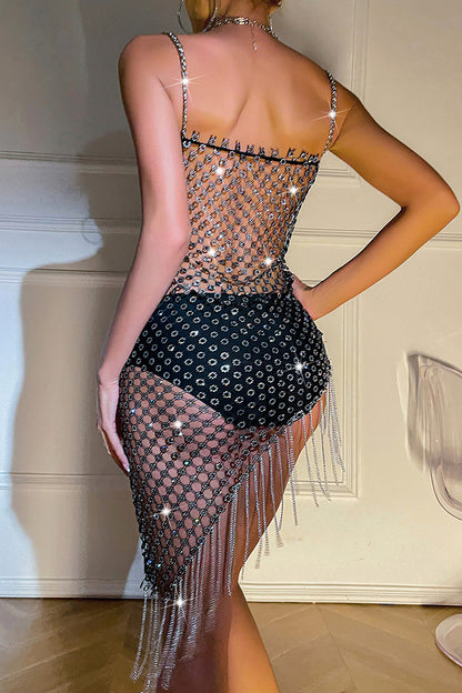 Hollow Plum Blossom Mesh Rhinestone Tassel Mini Dress