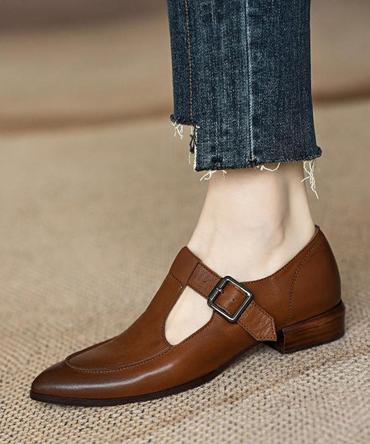 Brown Sheepskin Splicing Buckle Strap Flats Shoes