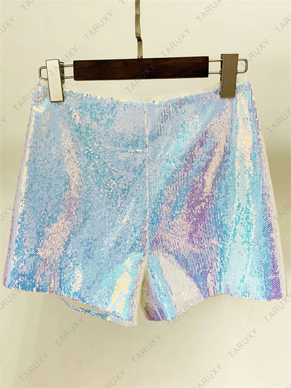 Sparkly Blazer Short Suit for Autumn Turn-down Collar Blazer Jaclets and Shorts 2 Piece Sets Outfits