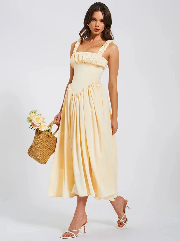 Satin Backless Midi Dress for Sundress Square Collar Sleeveless Loose Pleated Dress
