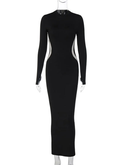 Black Patchwork Slim Dress for Long Sleeve Contrast Bodycon Party Dress Maxi Dress