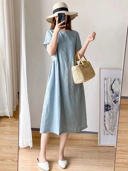 Loose Color Round-neck Midi Dresses