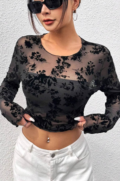 Black Mesh Crewneck Long-sleeve Blouse