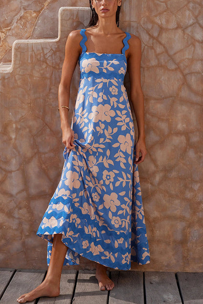 Vivi Print Wavy Suspender Side Zip Maxi Dress