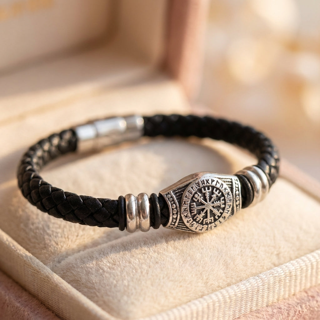 Braided Black Viking Compass Leather Bracelet