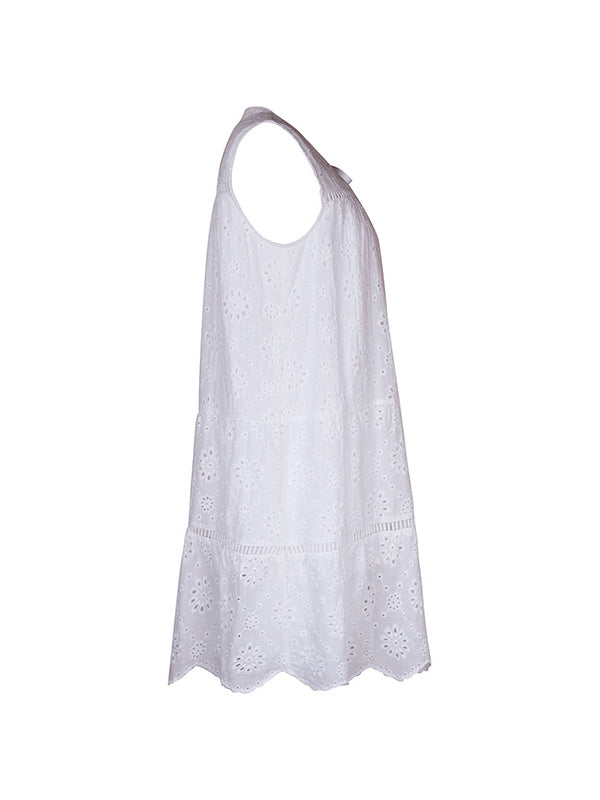Loose Sleeveless Hollow Lace-up Color Split-joint Round-neck Mini Dresses