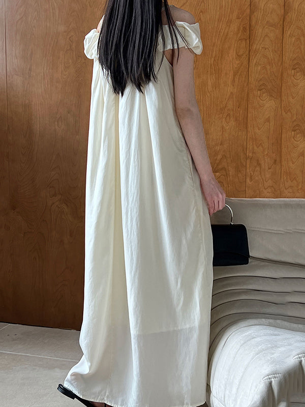 Loose Sleeveless Elasticity Pleated Color Split-joint Off-the-shoulder Maxi Dresses