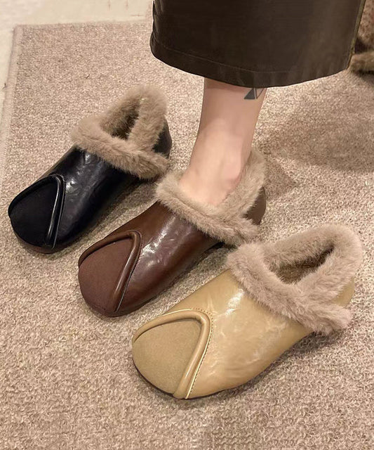 Khaki Comfy Splicing Flat Feet Shoes Fuzzy Wool Lined