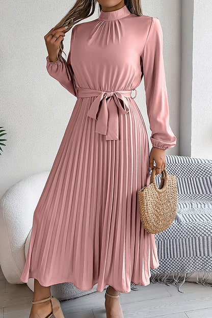 Stand-collar Long-sleeve Waisted Tie-up Pleated Midi Dress