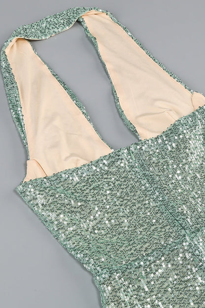 Elsinx Green Backless Sequin Maxi Dress