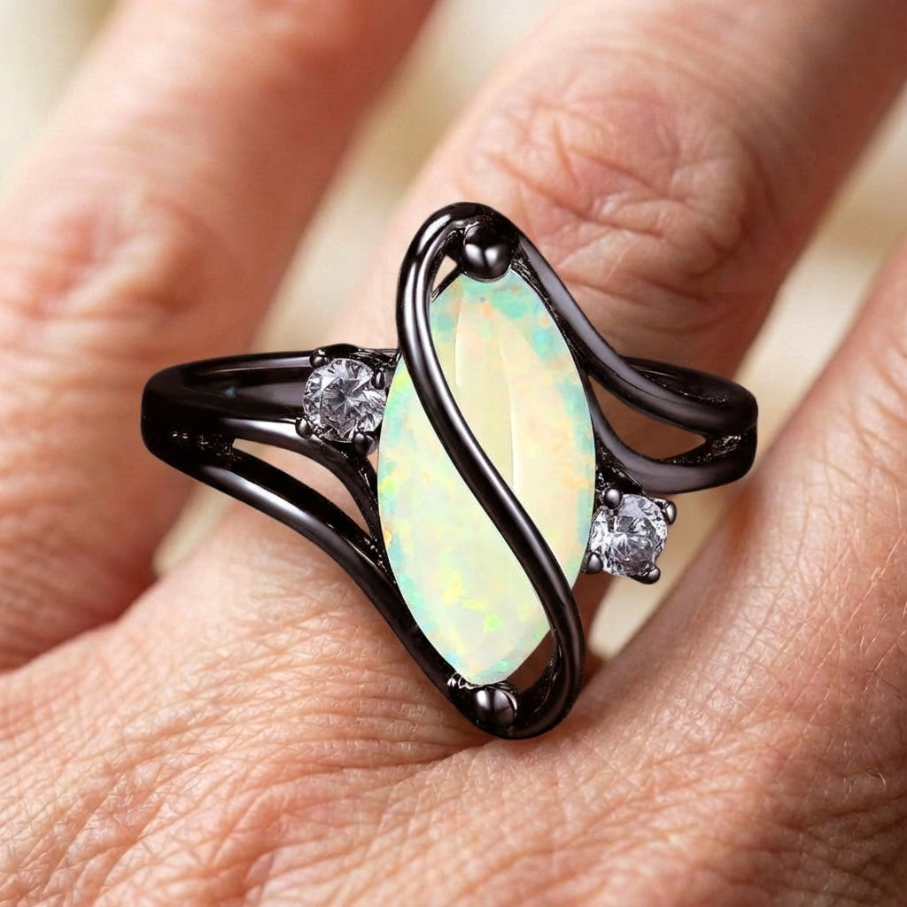 Vintage Black Silver Opal & Crystal Accent Ring