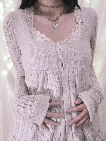 Beige Pointelle Square Neck Knit Cardigan