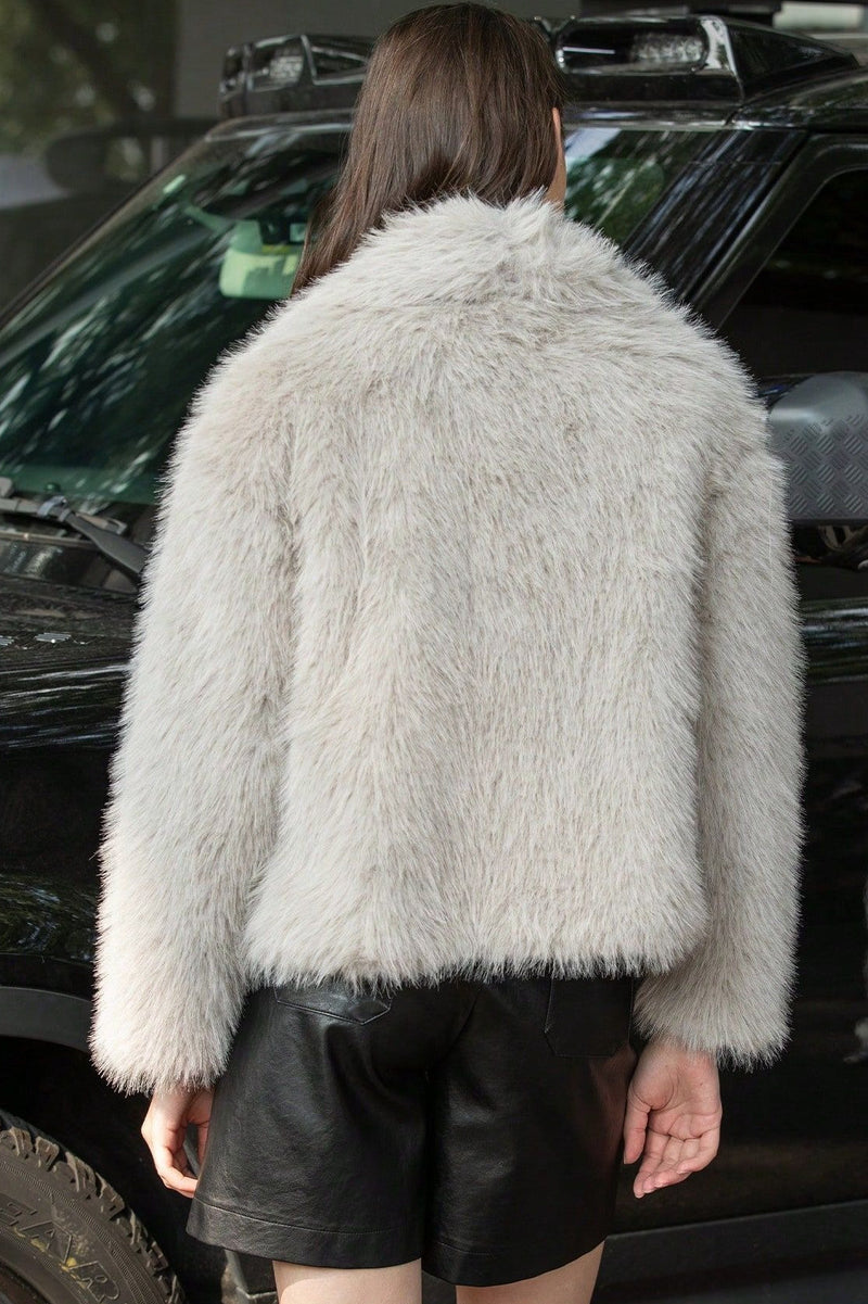 Plush Color Faux Animal Fur Warm Notch Collar Coat