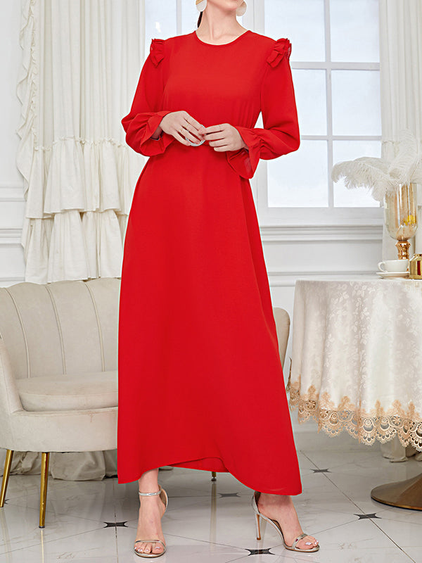 Ruffle Sleeves Belted Color Round-neck Maxi Dresses