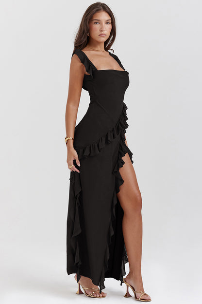 Cherry Ruffle Maxi Dress-black