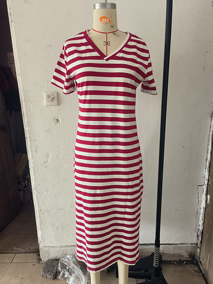 A-line Loose Printed Split-side Striped V-neck Midi Dresses