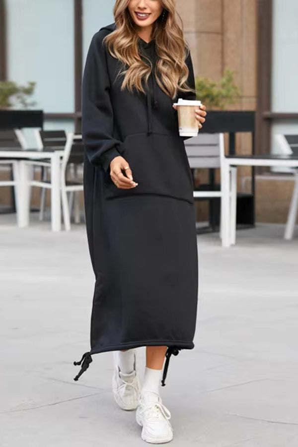 Color Hooded Lace-up Pocket Sweatshirt Style Midi Dress