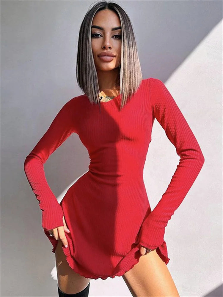 Bandage Ruffled High Waist Mini Dress for Long Sleeve Lace-up Patchwork Autumn Bodycon Dress New