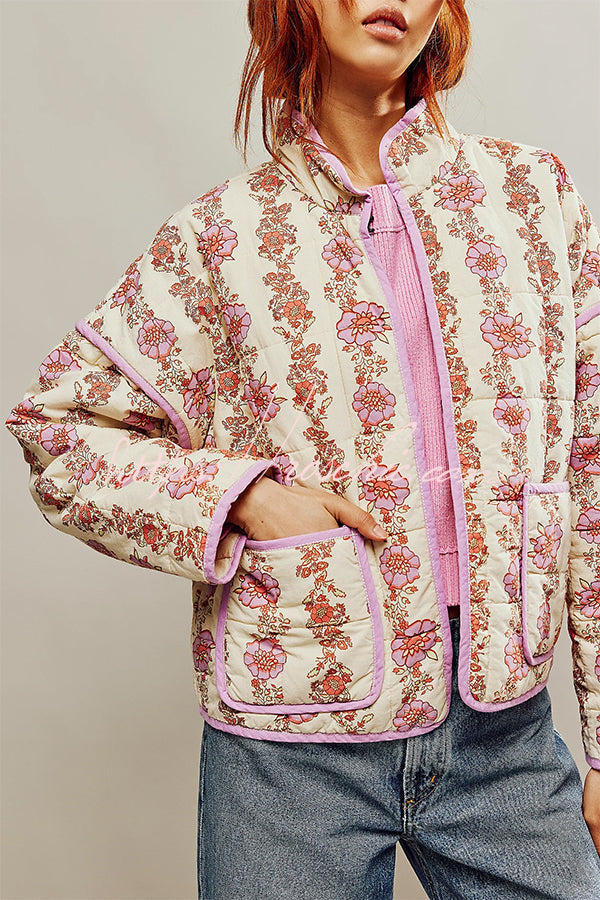Print Pocket Contrast Concealed Button Cotton Coat