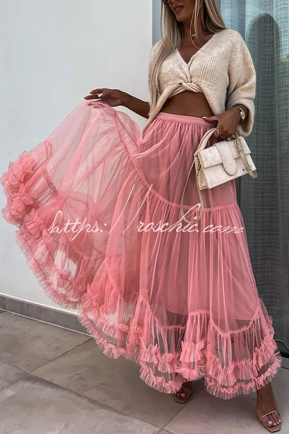 Tulle Stretch Waist Paneled Pleated Maxi Skirt