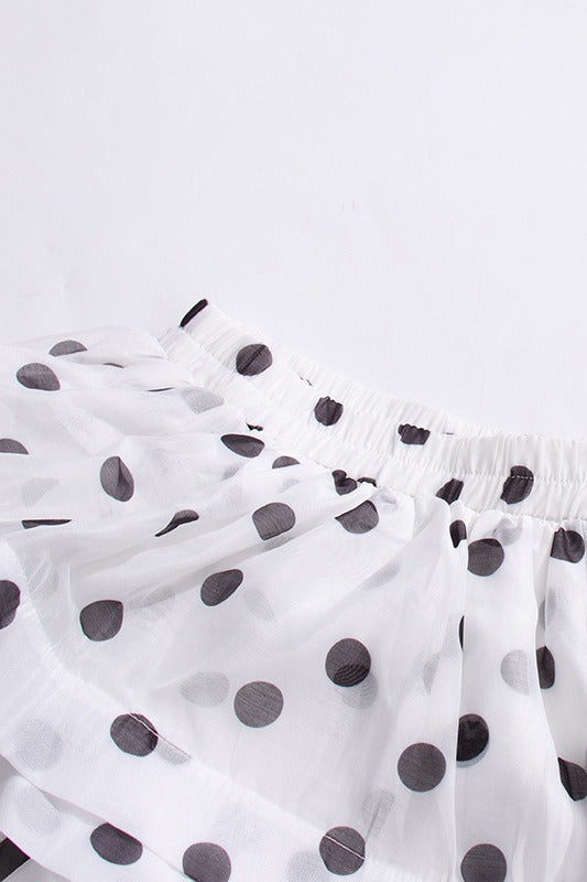Polka Dot Puff Sleeve Ruffle Blouse a Line Tiered Skirt Set