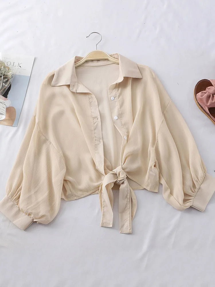 Chiffon Shirts Summer Half Sleeve Buttoned Up Shirt Loose Blouse Tied Waist Blouses for