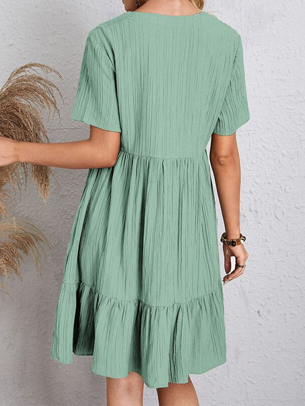 A-line Loose Pleated Color Split-joint V-neck Mini Dresses