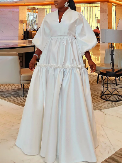 High Waisted Puff Sleeves Falbala Color V-neck Maxi Dresses