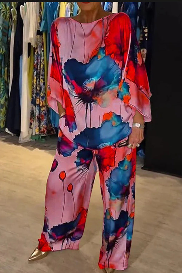 Satin Botanical Print Crew Neck Top and Elastic Waist Loose Pocket Pants Set