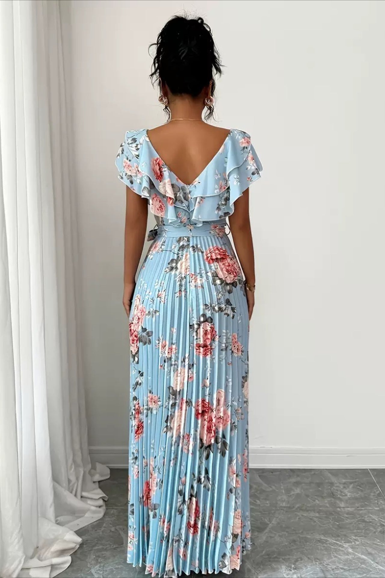 Print Ruffle Sleeve V Neck Pleated Maxi Dress