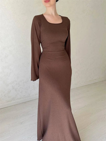 Black Ribbed Maxi Dress for Loose Slim High Waist Long Sleeve Party Dress Female Autumn Dress