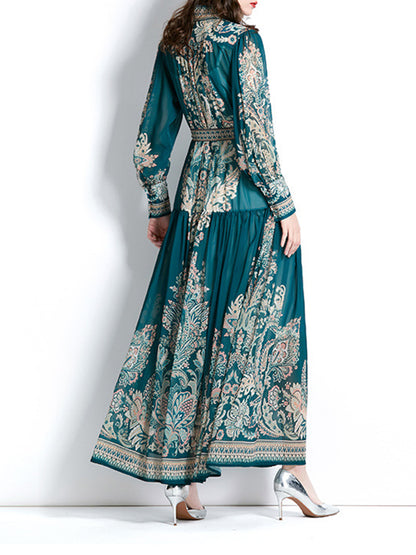 A-line Puff Sleeves Printed See-through Tied Waist Stand Collar Maxi Dresses