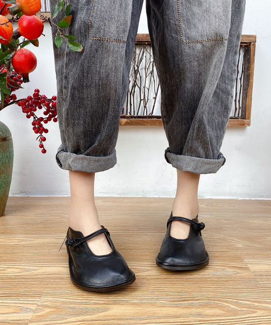 Splicing Flat Shoes for Black Cowhide Leather