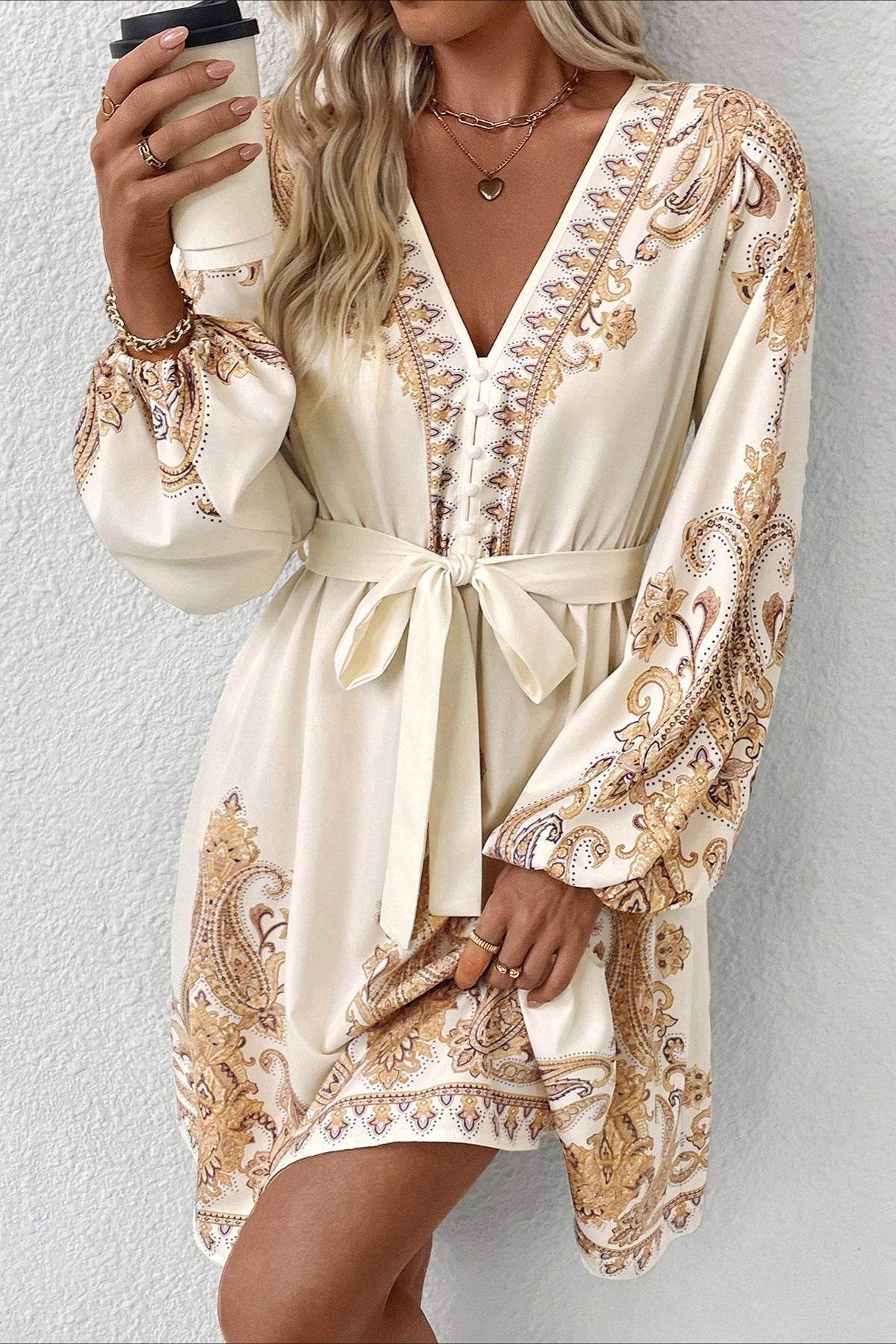 Paisley Print V Neck Mini Dress