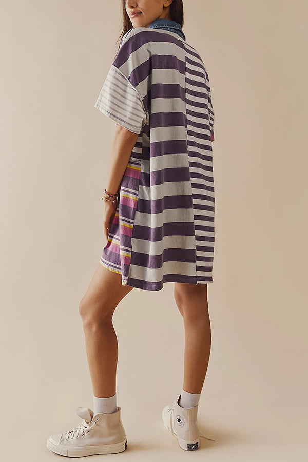 Contrast Striped Patchwork Denim Lapel Loose Mini Dress
