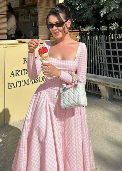 Pink Gingham Long Sleeve Midi Dress – Square Neck Fit and Flare
