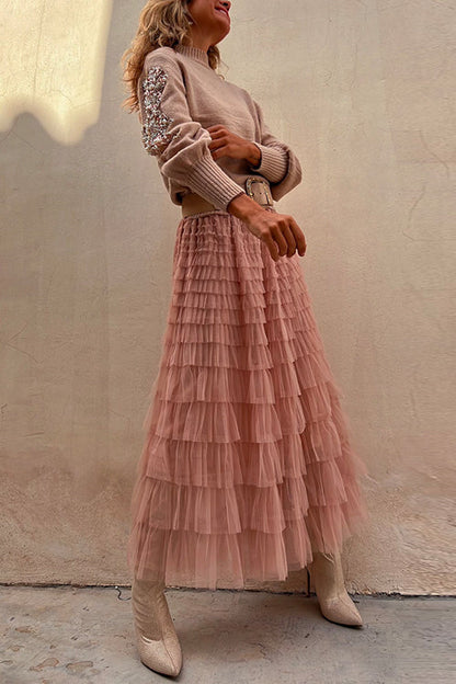 Tulle Layered Ruffle Mesh Maxi Skirt