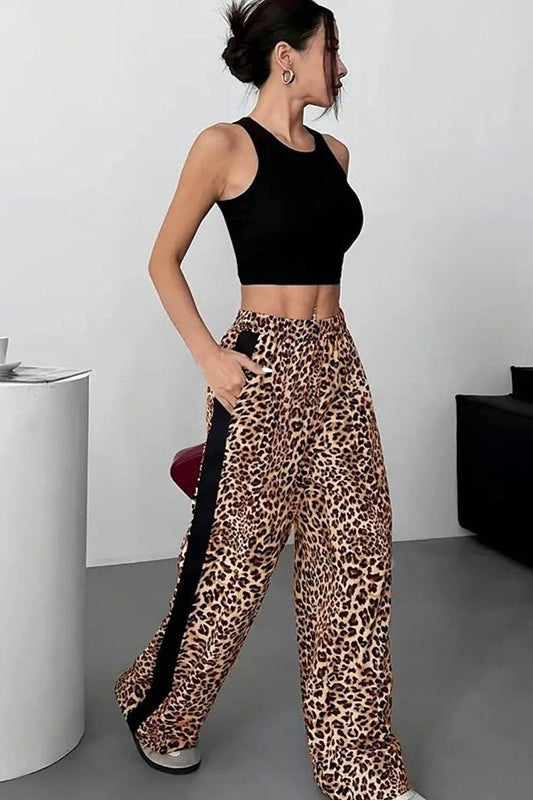 Stylish Leopard Print Black Trim High-waisted Wide-leg Pants