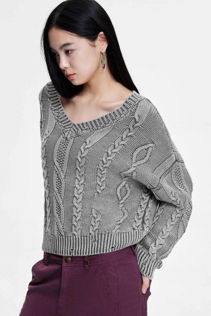 V-neck Long Sleeve Cable Knit Sweater